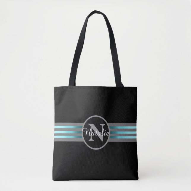 Monogram Circle Silhouette Black and Grey Stripes Tote Bag (Front)
