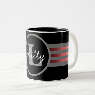 Monogram Circle Silhouette Black and Grey Stripes Two-Tone Coffee Mug