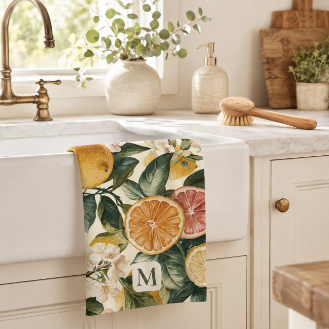 Monogram Citrus Bloom Pattern Housewarming Gift  Tea Towel (Creator Uploaded)