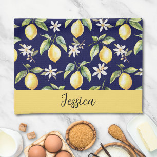 Monogram Citrus Lemon Fruit Botanical Pattern Tea Towel