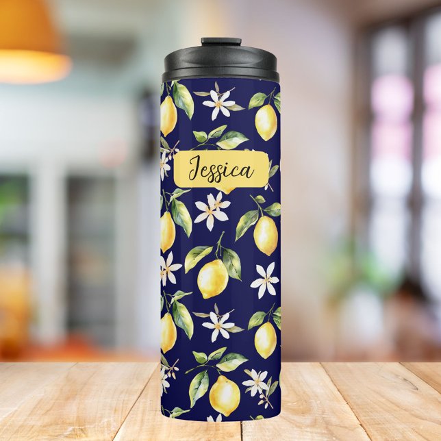 Monogram Citrus Lemon Fruit Botanical Pattern Thermal Tumbler (In situ)