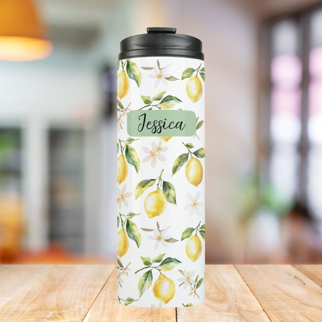 Monogram Citrus Lemon Fruit Botanical Pattern Thermal Tumbler (In situ)