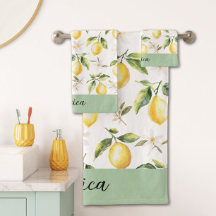 Monogram Citrus Lemon Fruit White Flower Botanical Bath Towel Set