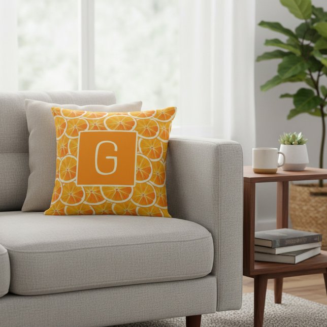 Monogram Citrus Orange Slice Throw Pillow (Creator Uploaded)