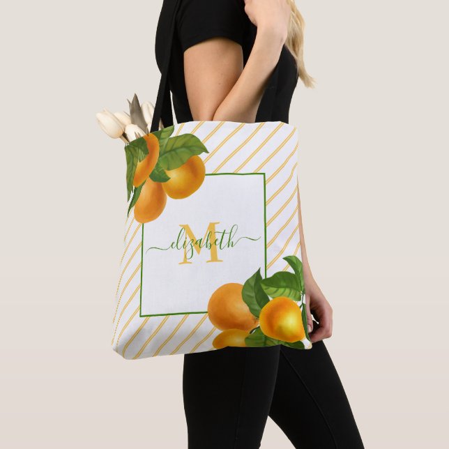 Monogram citrus oranges rustic watercolor stripes tote bag (Close Up)