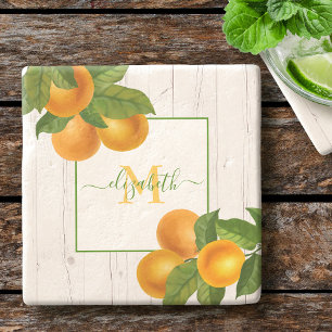Monogram citrus oranges watercolor rustic wood stone coaster