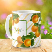 Monogram citrus oranges watercolor stripes rustic