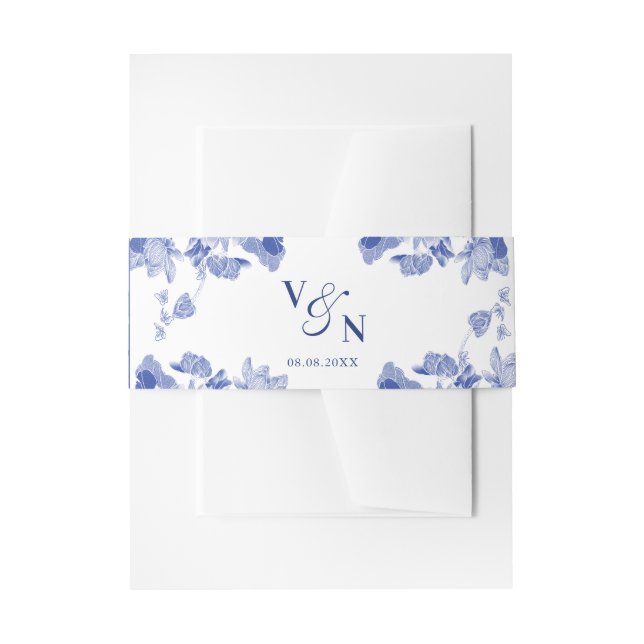 Monogram Classic Blue and White Floral Wedding  Invitation Belly Band (Front Example)
