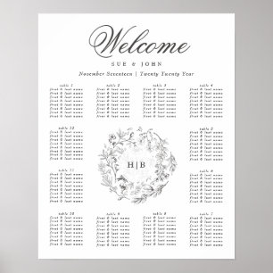 Monogram Classic Botanical Floral Wreath Wedding Poster