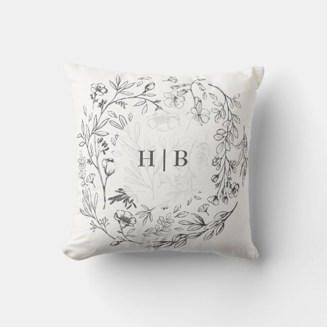 Monogram Classic Botanical Florals Wedding Cushion (Front)