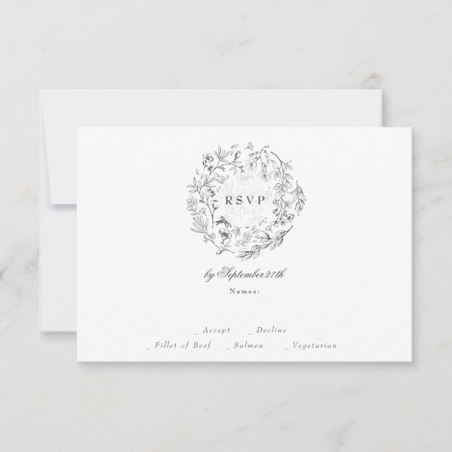 Monogram Classic Botanical Florals Wedding RSVP Card (Front)