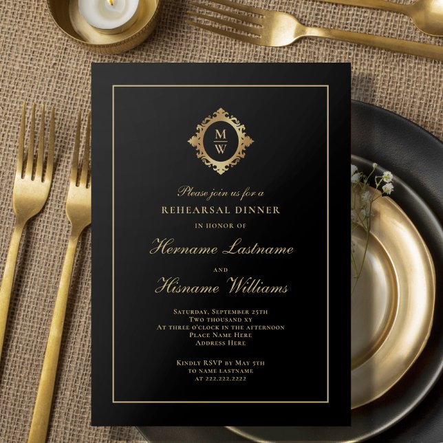 Monogram Classic Chic Black Gold Rehearsal Dinner Invitation (Creator Uploaded)