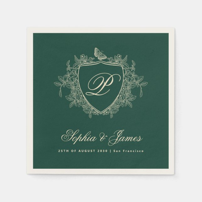 Monogram classic classic emerald green wedding napkin (Front)