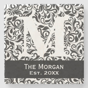 Monogram Classic Damask Family Name Sign Stone Coaster