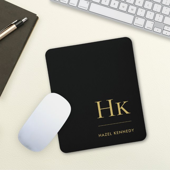 Monogram Classic Elegant Black Gold Initials Mouse Mat (Creator Uploaded)