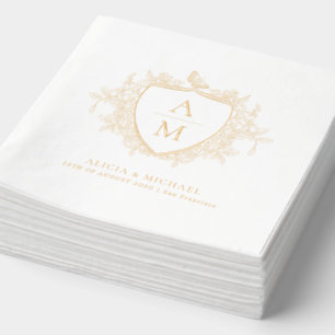 Monogram classic elegant floral crest wedding gold foil napkins