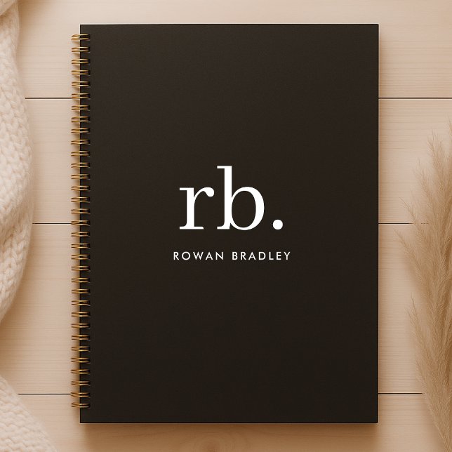 Monogram Classic Elegant Minimal Black and White Notebook (Sleek black modern monogram custom spiral notebook.)