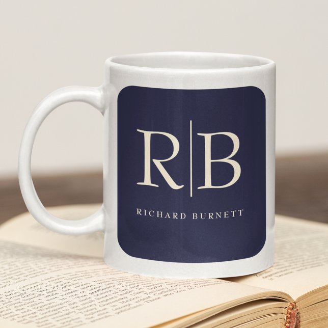 Monogram Classic Elegant Minimal Blue Cream Coffee Mug (Monogram white mug sat on a book)