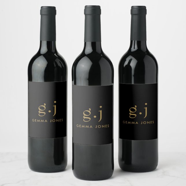 Monogram Classic Elegant Minimal Gold Black Wine Label (Bottles)