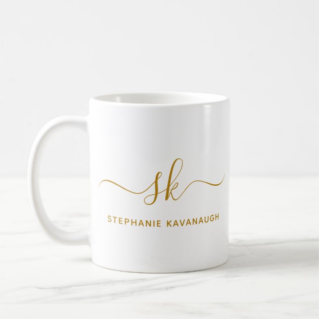 Monogram Classic Elegant Minimal Gold Script Coffee Mug (Left)