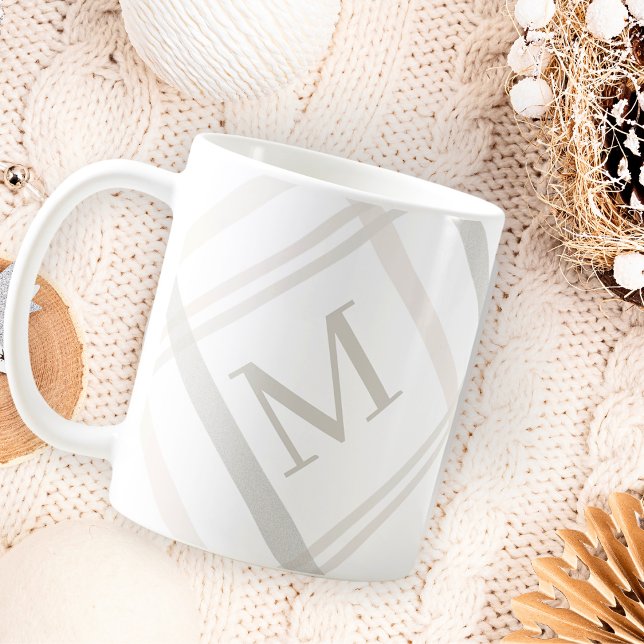 Monogram Classic Elegant Minimal White Plaid Name Coffee Mug (Creator Uploaded)