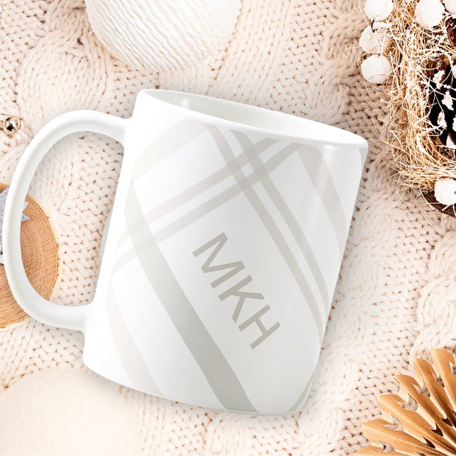 Monogram Classic Elegant Minimal White Plaid Name Coffee Mug (Creator Uploaded)