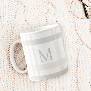 Monogram Classic Elegant Minimal White Plaid Name Coffee Mug