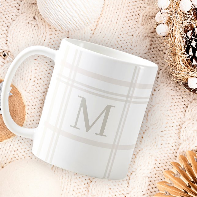 Monogram Classic Elegant Minimal White Plaid Name Coffee Mug (Creator Uploaded)