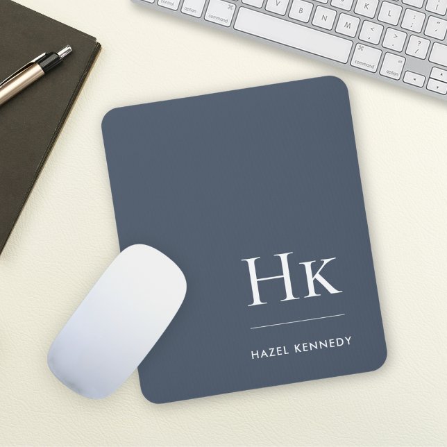 Monogram Classic Elegant Navy Blue White Initials Mouse Mat (Creator Uploaded)