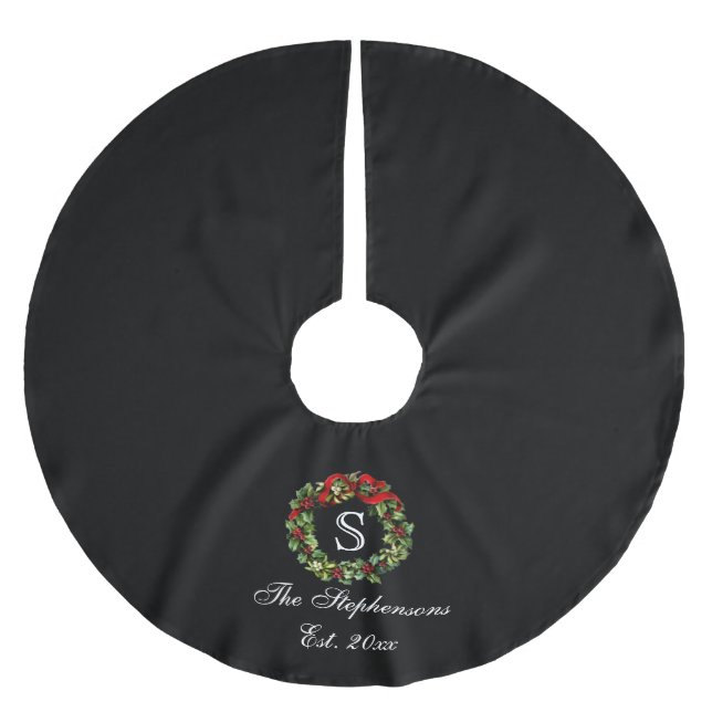 Monogram Classic Holly Wreath Custom Christmas Brushed Polyester Tree Skirt (Front)