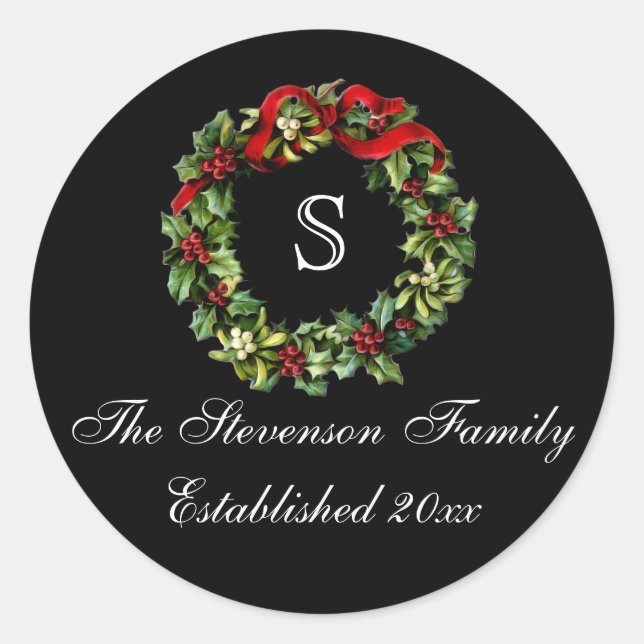 Monogram Classic Holly Wreath Custom Christmas Classic Round Sticker (Front)