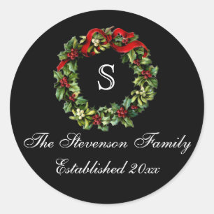 Monogram Classic Holly Wreath Custom Christmas Classic Round Sticker