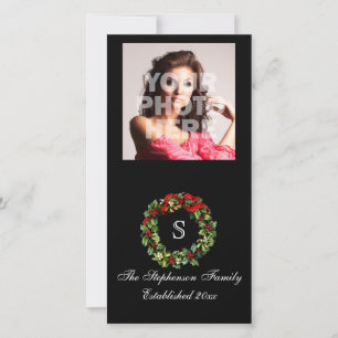 Monogram Classic Holly Wreath Custom Christmas Holiday Card
