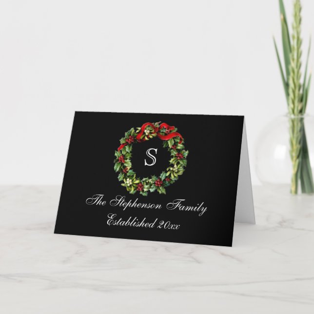 Monogram Classic Holly Wreath Custom Christmas Holiday Card (Front)