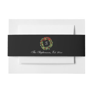 Monogram Classic Holly Wreath Custom Christmas Invitation Belly Band