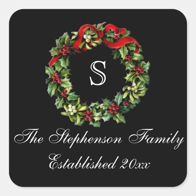 Monogram Classic Holly Wreath Custom Christmas Square Sticker (Front)