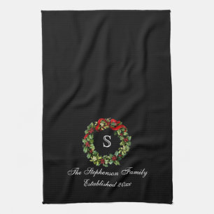 Monogram Classic Holly Wreath Custom Christmas Tea Towel
