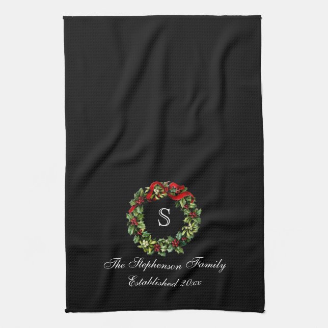 Monogram Classic Holly Wreath Custom Christmas Tea Towel (Vertical)