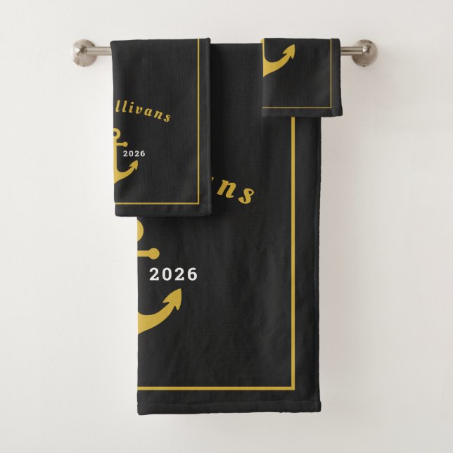 Monogram Classic Nautical Anchor Black Gold Bath Towel Set (Insitu)