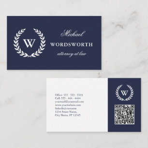 Monogram Classic Professional Blue White QR Code Business Card