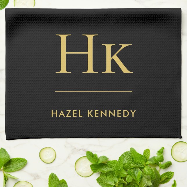 Monogram Classic Simple  Elegant Black Gold Tea Towel (Creator Uploaded)