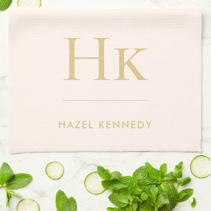 Monogram Classic Simple  Elegant Blush Pink Gold Tea Towel