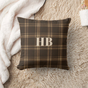 Monogram Classic Vintage Dark Brown & Beige Plaid Cushion