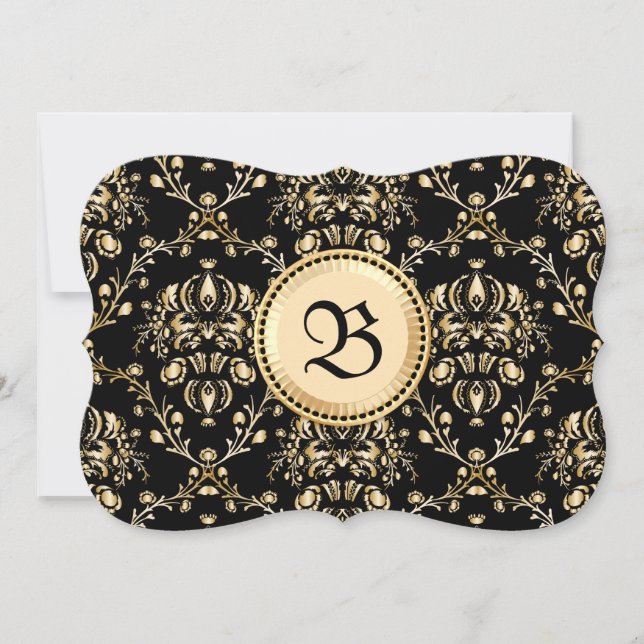 Monogram Classy Elegant Gold Damask Mediaeval Blac Invitation (Front)