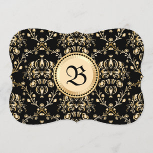Monogram Classy Elegant Gold Damask Mediaeval Blac Invitation
