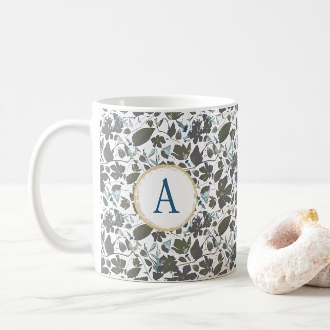 Monogram Clematis Vine Elegant Green Blue Floral Coffee Mug (With Donut)