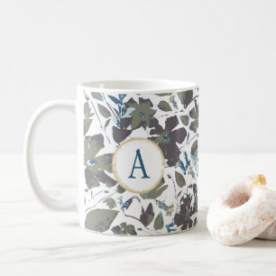 Monogram Clematis Vine Elegant Green Blue Floral Coffee Mug