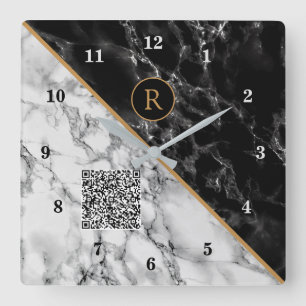 Monogram Clock Your QR Code - Black White Marble