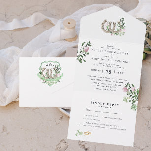 Monogram   Clover Horseshoes Botanical Wedding All In One Invitation