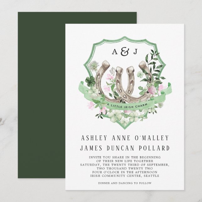 Monogram | Clover Horseshoes Botanical Wedding Invitation (Front/Back)